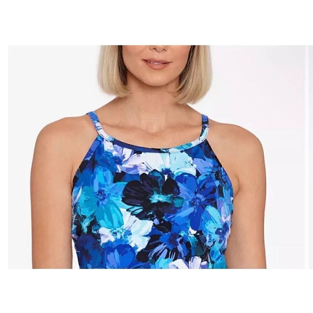 Swim Solutions Women's Tankini Top Blue Floral Swim Swimsuit Underwire